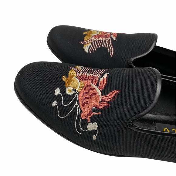 ZALO Black Faille Silk Koi Fish Embroidered Smoking Loafers - Picture 5 of 10